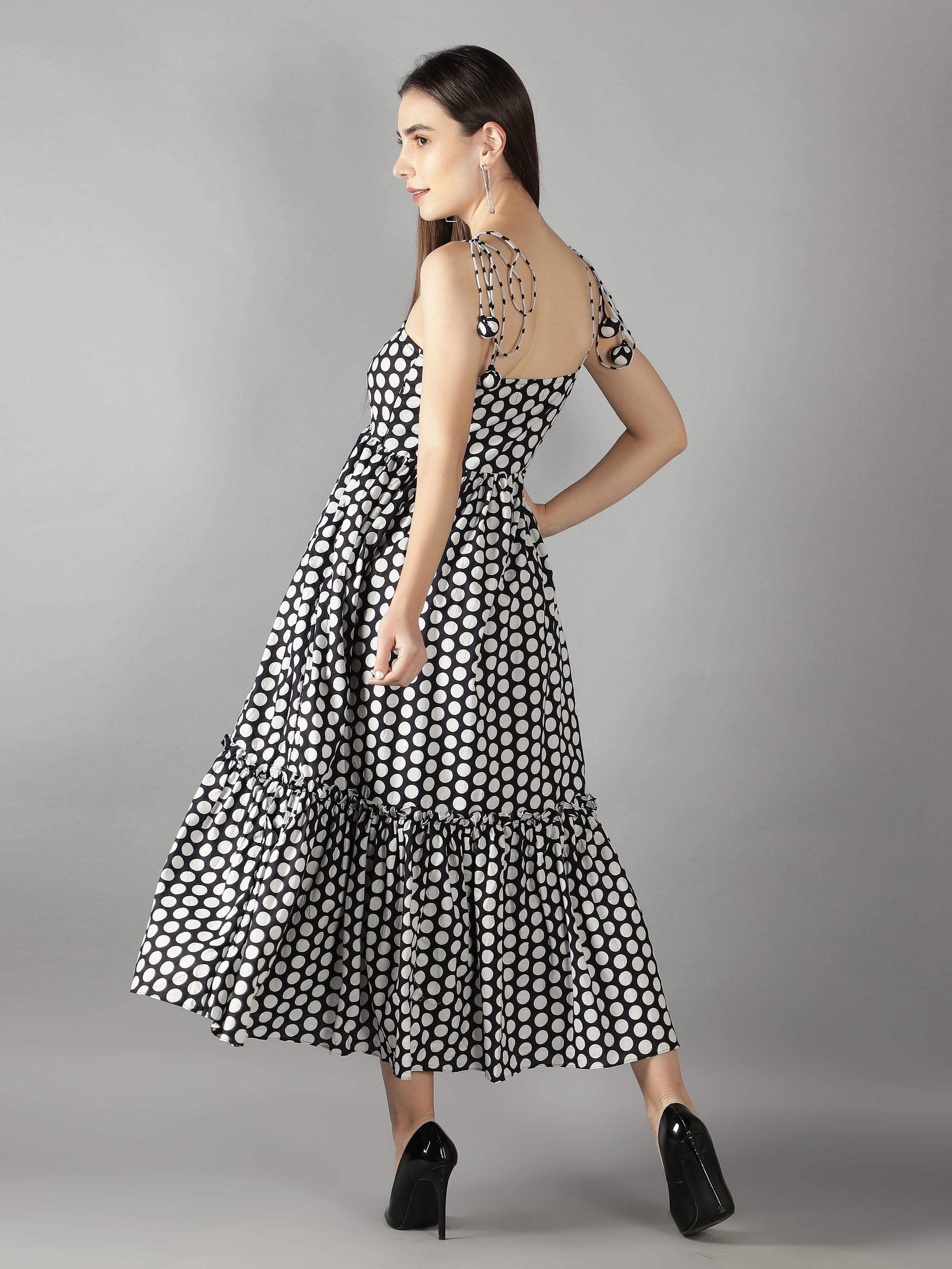 Jet Black and White Polka Dot Shoulder Tie up Flared Dress Jet Black and White Polka Dot Shoulder Tie up Flared Dress