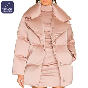 Yufan personalizado 2023 invierno señoras seda brillante solapa abajo chaqueta señoras largo abajo abrigo moda nueva chaqueta Simple y elegante