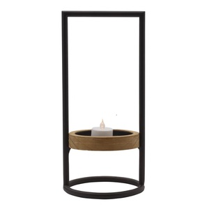 Soporte de vela de hierro moderno con bandeja de madera para decoración de piso de mesa en casa por exportador indio a precio por mayor - Product Image 1