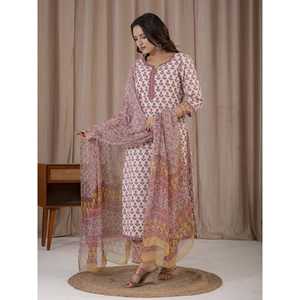 Ensemble Kurta et pantalon en coton imprimé à la main motif pêche blanche, vêtements traditionnels régionaux - Product Image 5