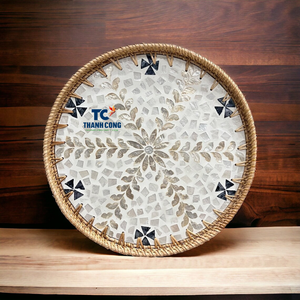 ถาดรองจานประดับมุกทำมือสไตล์เวียดนามพร้อมขอบหวายธรรมชาติสำหรับตกแต่งภายใน - Product Image 1
