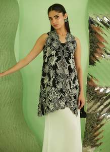 Black Floral Embroidered <b>Indian</b> Pakistani Tunik Sleeveless Vest <b>Top</b> Wide Leg Pants Outfit - Product Image 3
