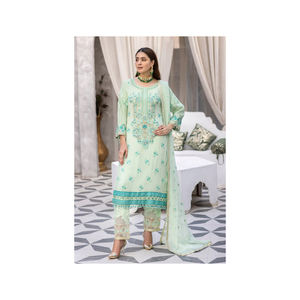 Trajes de seda de 3 piezas indios paquistaníes de diseñador moderno Georgette de algodón de lino de césped de moda disponible a precio mayorista - Product Image 3