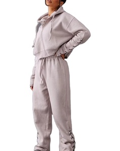 Tùy chỉnh cắt dây kéo axit rửa của phụ nữ quần áo thêu vá hoodiesand Sweatpants đau khổ sweatsuit Set 2026 - Product Image 2