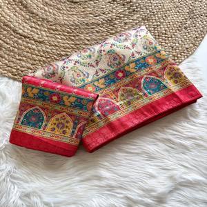 Sari en soie Softy Dola VASTRA COTTAGE avec tissage jacquard en zari pur, imprimé numérique pashmina, bordure en dori et pièce de chemisier assortie - Product Image 1