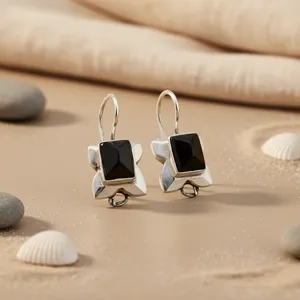 Geometric <b>Onyx</b> Drop <b>Earrings</b> in Tibetan Silver with Bezel Setting for Women's Vintage Fashion Jewelry - Product Image 2