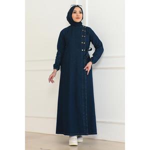 Abaya Mega Merchant Modelo 41459 para Mujer, Estilo Modesto, Color Azul Denim Oscuro, con Botones Delanteros y Lazos Laterales - Product Image 1