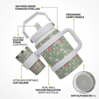 Carafe isotherme florale en acier inoxydable 304 de 64 oz avec poignée, porte-gobelet intégré de 6 oz et couvercle à paille anti-fuite