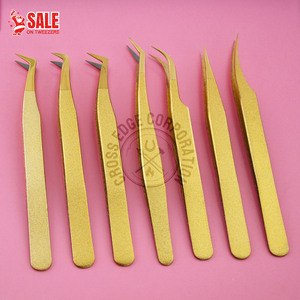 Pinzas de Alta Calidad para Extensión de Pestañas con Punta de Fibra Dorada, Logotipo Personalizado, Cómodas, Fáciles de Usar, Prueba de Aislamiento, Herramienta Probada a Mano - Product Image 1