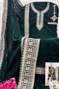 Bordado de terciopelo puro pesado con parte inferior completamente cosida india tradicional y parte superior e inferior de trabajo con Dupatta para mujeres - Product Image 5