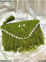 Pochette Bohème Faite Main en Jute à Franges avec Détail Coquillage – Sac de Plage Tropique Unisexe à Pompons, Sac à Main Designer Durable avec Perles et Fermeture Éclair