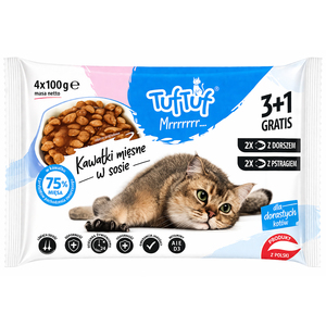 อาหารแมวเปียก TufTuf แบบแพ็คหลายชิ้น - 4 x 100 กรัม - โปรโมชั่น 3+1 - รสปลาค็อดและปลาเทราท์ - Product Image 1