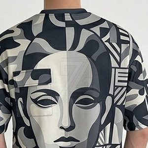 เสื้อยืดแขนสั้นผู้ชาย ระบายอากาศได้ดี พิมพ์ลายหน้าคนแบบนามธรรม คอกลม สไตล์ลำลอง ผ้าถัก แฟชั่นทรงหลวม โลโก้ด้านหน้า - Product Image 5