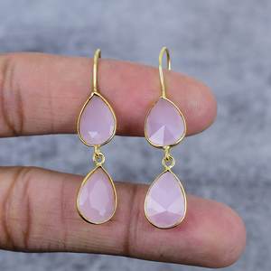 Pendientes de Plata de Ley 925 para Mujer, con Calcedonia Rosa en Forma de Pera, Chapados en Oro, Regalo para Ella - Product Image 2