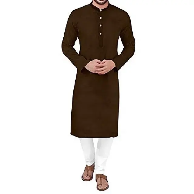 인도 수제 세련된 V-넥 전체 소매 남성 셔츠 100% 면 전통 짧은 쿠르타