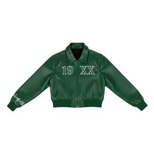 ผู้ผลิตเสื้อแจ็คเก็ตวาร์ซิตี้แบบกำหนดเอง ตัวอักษรกรีก ปี 19XX |   เสื้อแจ็คเก็ตบอมเบอร์หนัง PU ปักลายเชนิลล์ ผู้ผลิตแบบ OEM รับผลิตตามสั่ง - Product Image 1