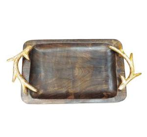 Plateau de service en bois de grande capacité en laiton AK de couleur bois naturel avec poignée en métal Lot de 2 pour vaisselle/ustensiles de cuisine - Product Image 3