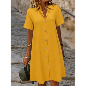 Robe courte Aerobin à manches courtes et col boutonné pour femme, 34654 - Moutarde - Product Image 1