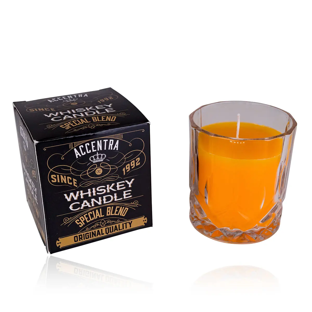 Accentra Geurkaars Whisky In Glas Met Geschenkdoos, 360G, 8.5X7Cm, Geur: Whisky, Kleur: Oranje