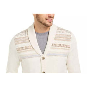 Cardigan da Uomo Tasso Elba, Taglia Grande, Bianco con Motivo Geometrico a Righe, Lavorazione Intarsia, Ricamo Vintage, Decorazione con Bottoni, Stampa Leopardata Invernale, ODM - Product Image 2
