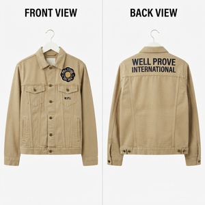 Chaqueta de Mezclilla de Algodón Ecológico Premium para Hombre, 340 GSM, Color Beige, Estilo Trucker, Logotipo Bordado Personalizado en la Parte Delantera, Diseño con Paneles Utilitarios - Product Image 1