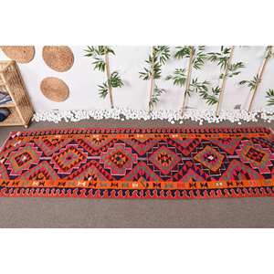 Alfombra Kilim Turca Vintage de 3 x 10,8 pies, Ecológica, Tradicional, Color Naranja Rojo, Tejido Plano, Diseño de Patchwork, para Dormitorio o Pasillo, de Lana - Product Image 2