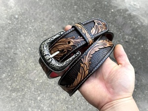 Proveedores al por mayor Cinturón de cuero de grano completo genuino occidental con hebilla Cinturón en relieve Cinturón de cuero de vaca hecho a mano de vaquero - Product Image 6