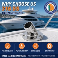 Nouveau support de main courante en acier inoxydable 316 poli miroir, base marine, angle de 45 degrés, diamètre extérieur 22 mm, pour tube, équipement de bateau, yacht, marine