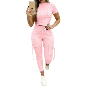 Nueva ropa deportiva para mujer, conjunto a juego con cordón de bolsillo, ajustado Multicolor Top corto, pantalones de tubo, traje de mujer, ropa de descanso de verano, trajes - Product Image 6