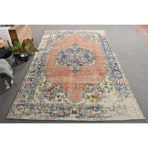 Alfombra turca Vintage de 6x10 pies, Alfombra de tejido plano Beige y azul, patrón de retazos para decoración de sala de estar, Material de lana de látex - Product Image 4