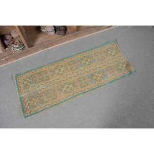 Classic Beige Blue 1.5x3.9ft Woolen Rug Handmade Vintage Turkish Design Patchwork Pattern Rectangular Shape for Living Latex - Product Image 5