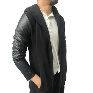 Elongated <b>Cardigan</b> Leather Sleeved Hoodie Tall Breathable <b>Plus</b> <b>Size</b> Loose Fit Men Outdoor Winter Fleece Wear Leather Sleeve Hood - Product Image 1