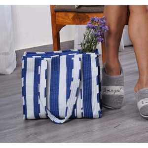 Petit sac fourre-tout bleu marine à rayures, avec poche intérieure zippée, rembourrage matelassé, coton recyclé, sac isotherme portable pour pique-nique - Product Image 3