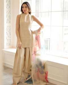 Vestido informal de 3 piezas para mujer, Farshi pakistaní, indio, Punjabi, ajustado, Patiala, Shalwar, cierre de botón, sólido, ecológico, Natural - Product Image 4