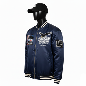 Chaqueta de Satén de Alta Calidad, Satén de Poliéster Suave y Brillante, Azul Marino Clásico, Corte Bomber, Chaqueta con Bordado de Logotipo Personalizado para Hombre - Product Image 4