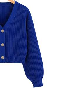 Manufacture Customized <b>Women</b> <b>Royal</b> <b>Blue</b> Ribbed Knit Cropped <b>Cardigan</b> Sweater Long Sleeve V Neck Button Casual Winter Fashion - Product Image 2