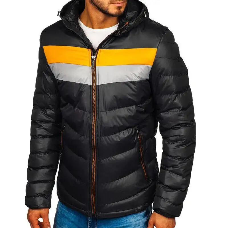 Men Quilted Hoodie Warm Winter Zip Up Jacket Patchwork Padded Bubble Puffer Jackets