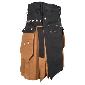 Kilt utilitaire en denim durable bicolore noir et caramel pour hommes, poches cargo, boucle et fermeture à bouton - Product Image 4