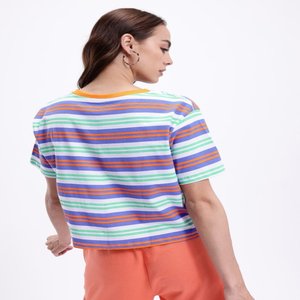 Camiseta blanca y azul para mujer Rayas horizontales Longitud regular Cuello redondo con muescas Camiseta corta con mangas caídas - Product Image 2