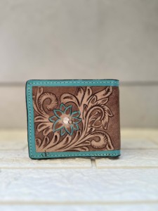 Western Pattern Hand Tooled Leather Men's Wallet Long Zipper Hot Sale Fashion Stylish Turquoise <b>Colour</b> Cash Holder Gift for Him - Product Image 2