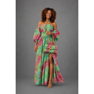 Abito lungo a vita impero con stampa floreale rosa-verde Ankara - Product Image 3