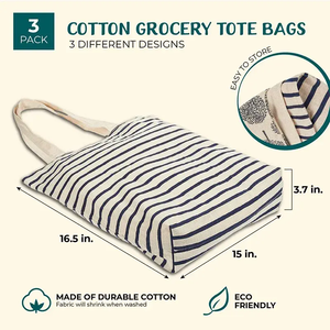 Ensemble de qualité supérieure 3 sacs fourre-tout d'épicerie en coton biologique écologique réutilisable en toile rayée à bandoulière - Product Image 6