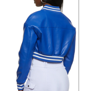 Vente en gros de veste universitaire recadrée de style vintage pour femmes avec logo personnalisé nouveau coton en cuir brodé à la mode pour la saison en plein air - Product Image 5