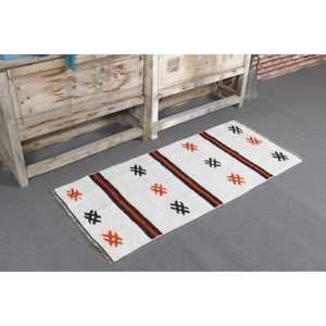 Tapis turc vintage en laine 1,8x4,2 pieds, petit tapis blanc patchwork, tapis Kilim bordé de latex - Product Image 1