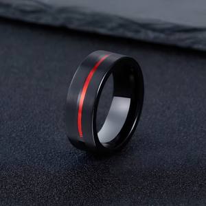 POYA 8毫米碳化钨结婚戒指黑色镀金拉丝带红色条纹定情戒指周年纪念订婚戒指男士 - Product Image 1