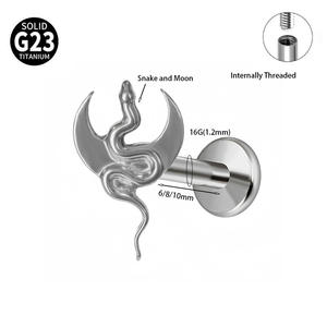 <span class=keywords><strong>Piercing</strong></span> d'<span class=keywords><strong>oreille</strong></span> G23 Snake Moon Top Flat Back 16G à filetage interne, labret pour le nez, titane <span class=keywords><strong>de</strong></span> qualité implantable 14K, bijoux pour femmes et hommes - Product Image 2