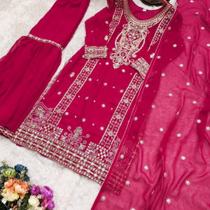 Indian Pakistani Women <b>Red</b> Sharara Suit Premium Ethnically Designed Pure <b>Fabric</b> Most Selling Traditional Wear for Party Wear - Product Image 5
