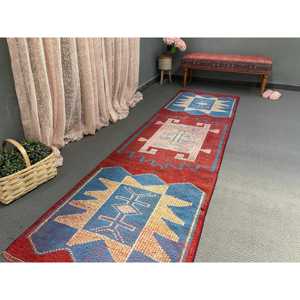 Vintage <b>Runner</b> Rug 2.7x9.7 ft, Turkish Herki <b>Red</b> Abstract Wool Rug - Product Image 5