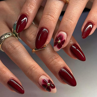 Faux Ongles de Luxe Faits Main en Gros, 24 Pièces, Forme Amande Simple, Fleur Rouge avec Diamant, à Coller