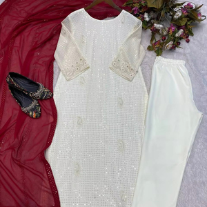 El último diseñador Faux Georgette bordado secuencia trabajo Kurti Set por FabZone - Product Image 1